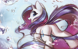 Size: 1820x1159 | Tagged: safe, artist:mirroredsea, character:rarity, species:pony, species:unicorn, cute, droplet, featureless crotch, female, from below, long tail, looking at you, looking back, looking back at you, low angle, mare, open mouth, plot, raised hoof, raribetes, rearity, smiling, solo, water, water droplet, windswept mane, windswept tail