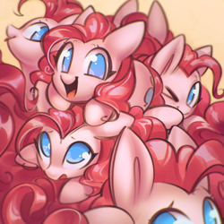 Size: 900x900 | Tagged: safe, artist:mirroredsea, character:pinkie pie, species:earth pony, species:pony, clone, cute, diapinkes, female, looking at you, mare, multeity, no pupils, one eye closed, open mouth, tongue out, too much pink energy is dangerous