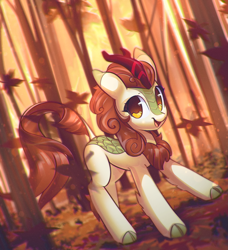 Size: 2523x2762 | Tagged: safe, artist:mirroredsea, character:autumn blaze, species:kirin, episode:sounds of silence, g4, my little pony: friendship is magic, autumn, awwtumn blaze, cloven hooves, cute, female, forest, leaves, leonine tail, solo, tree