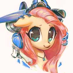 Size: 2523x2523 | Tagged: safe, artist:mirroredsea, character:fluttershy, species:pony, cute, female, headphones, jewelry, looking at you, mare, mecha, necklace, shyabetes, simple background, smiling, solo, white background