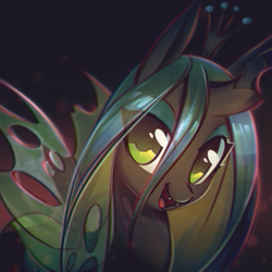 Size: 2523x2523 | Tagged: safe, artist:mirroredsea, character:queen chrysalis, species:changeling, changeling queen, chromatic aberration, color outline, crown, cute, cute little fangs, cutealis, dawwww, eyelashes, eyeshadow, fangs, female, hnnng, horn, jewelry, looking at you, makeup, open mouth, regalia, smiling, solo, teeth, wings