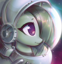 Size: 2907x3002 | Tagged: safe, artist:mirroredsea, character:marble pie, species:earth pony, species:pony, astronaut, colored pupils, cute, female, frown, hair over one eye, helmet, looking at something, marblebetes, mare, solo, space, space helmet, space suit
