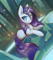 Size: 2523x2845 | Tagged: safe, artist:mirroredsea, character:rarity, species:pony, species:unicorn, g4, alternate hairstyle, beautiful, cute, female, lidded eyes, looking at you, lying down, mare, no pupils, pretty, prone, raribetes, scenery, smiling, solo, wet, wet mane, wet mane rarity