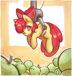 Size: 2600x2765 | Tagged: safe, artist:mirroredsea, character:apple bloom, species:earth pony, species:pony, :o, adorabloom, apple, blank flank, bow, c:, claw machine, confused, crane game, cute, event horizon of cuteness, featured on derpibooru, female, filly, food, green apple, hair bow, holding a pony, looking down, no pupils, open mouth, smiling, solo
