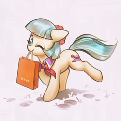 Size: 3000x3000 | Tagged: safe, artist:mirroredsea, character:coco pommel, species:earth pony, species:pony, g4, ascot, bag, cocobetes, cute, cutie mark, female, flower, flower in hair, mare, mouth hold, one eye closed, paper bag, solo, wink