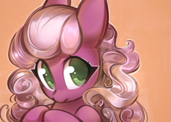 Size: 3000x2136 | Tagged: safe, artist:mirroredsea, character:cheerilee, species:earth pony, species:pony, alternate hairstyle, bust, cheeribetes, curly mane, cute, female, mare, no pupils, orange background, portrait, simple background, solo, weapons-grade cute