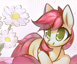 Size: 3000x2522 | Tagged: safe, artist:mirroredsea, character:roseluck, species:earth pony, species:pony, cute, cuteluck, eye clipping through hair, female, flower, mare, missing cutie mark, no pupils, solo