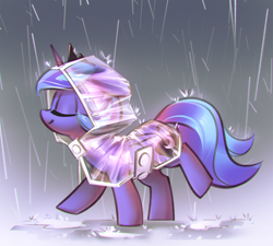 Size: 1200x1080 | Tagged: safe, artist:mirroredsea, character:princess luna, species:alicorn, species:pony, g4, cloak, clothing, crown, cute, eyes closed, female, filly, gradient background, gray background, jewelry, lunabetes, missing accessory, parka, poncho, profile, puddle, rain, raincoat, raised hoof, raised leg, regalia, s1 luna, simple background, smiling, solo, sweet dreams fuel, walking, woona, younger
