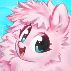 Size: 1200x1200 | Tagged: safe, artist:mirroredsea, oc, oc only, oc:fluffle puff, species:pony, blue background, bust, cute, female, flufflebetes, looking at you, mare, ocbetes, open mouth, portrait, simple background, smiling, solo