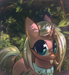 Size: 1200x1302 | Tagged: safe, artist:mirroredsea, character:clear sky, species:pony, species:unicorn, episode:common ground, g4, my little pony: friendship is magic, ascot, biting, cute, cute sky, dappled sunlight, eye clipping through hair, female, forest, hair bite, leaf, looking at you, mane noms, mare, nibbling, nom, solo, tree