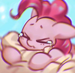 Size: 900x874 | Tagged: safe, artist:mirroredsea, character:pinkie pie, species:earth pony, species:pony, >.<, blue background, bust, chromatic aberration, crying, cute, diapinkes, eyes closed, female, floppy ears, mare, motion blur, portrait, simple background, solo