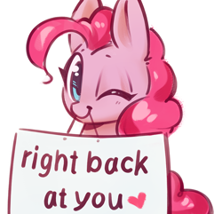 Size: 900x866 | Tagged: dead source, safe, artist:mirroredsea, character:pinkie pie, species:earth pony, species:pony, cute, diapinkes, female, heart, mare, mouth hold, one eye closed, simple background, solo, text, white background, wink