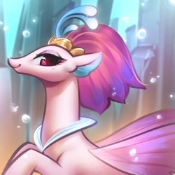Size: 1200x1200 | Tagged: safe, artist:mirroredsea, character:queen novo, species:pony, species:seapony (g4), my little pony: the movie (2017), beautiful, bubble, bust, cute, female, looking at you, novobetes, portrait, profile, queen, smiling, solo, underwater