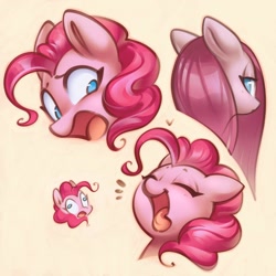 Size: 1200x1200 | Tagged: safe, artist:mirroredsea, character:pinkamena diane pie, character:pinkie pie, species:earth pony, species:pony, bust, cute, derp, diapinkes, expressions, eyes closed, faec, female, mare, multeity, no pupils, open mouth, portrait, simple background, solo, tongue out, yellow background
