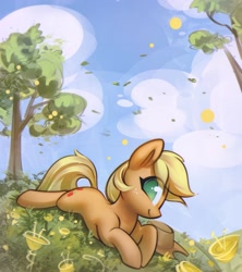 Size: 1500x1689 | Tagged: safe, artist:mirroredsea, character:applejack, species:earth pony, species:pony, applejack's hat, clothing, cowboy hat, cute, eye clipping through hair, female, flower, hat, jackabetes, looking at you, lying down, mare, no pupils, prone, scenery, smiling, solo, tree