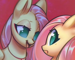 Size: 1591x1280 | Tagged: safe, artist:mirroredsea, character:fluttershy, species:pegasus, species:pony, abstract background, duo, female, flutterbitch, lidded eyes, looking at you, mare, no pupils, self ponidox
