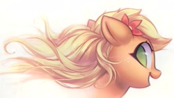 Size: 2135x1201 | Tagged: safe, artist:mirroredsea, character:applejack, species:earth pony, species:pony, alternate hairstyle, bust, cute, female, floppy ears, flower, flower in hair, jackabetes, looking at you, looking back, looking back at you, mare, no pupils, open mouth, portrait, profile, simple background, smiling, solo, white background, windswept mane