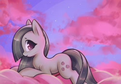 Size: 2001x1384 | Tagged: safe, artist:mirroredsea, character:marble pie, species:earth pony, species:pony, cute, female, marblebetes, mare, profile, prone, smiling, solo, sweet dreams fuel
