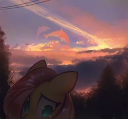 Size: 1602x1486 | Tagged: safe, artist:mirroredsea, character:fluttershy, species:pegasus, species:pony, crying, cute, dolphin, female, floppy ears, mare, no pupils, sad, sadorable, scenery, shyabetes, sky whale, solo, tree