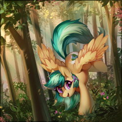 Size: 3500x3500 | Tagged: safe, artist:mirroredsea, artist:share dast, oc, oc only, oc:summer ray, species:pegasus, species:pony, collaboration, female, forest, freckles, mare, scenery, smiling, solo, spread wings, tree, wings