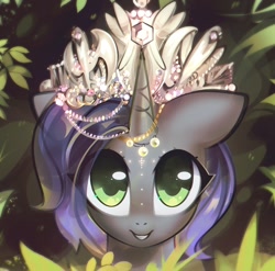 Size: 1604x1584 | Tagged: safe, artist:mirroredsea, oc, oc only, oc:moonsonat, species:pony, species:unicorn, bust, female, floppy ears, grin, horn, horn jewelry, jewelry, leaves, looking at you, mare, smiling, solo