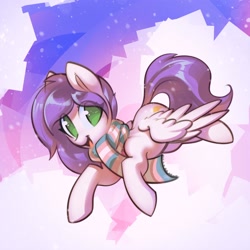 Size: 1600x1600 | Tagged: safe, artist:mirroredsea, oc, oc only, oc:lavender sunrise, species:pegasus, species:pony, abstract background, clothing, commission, female, flying, green eyes, looking at you, mare, no pupils, open mouth, purple mane, scarf, smiling, solo, spread wings, trans female, transgender, transgender pride flag, white coat, wings