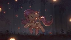 Size: 2201x1239 | Tagged: safe, artist:mirroredsea, character:fluttershy, species:pegasus, species:pony, g4, cute, eyebrows, eyes closed, female, filly, filly fluttershy, firefly, folded wings, forest, insect, night, open mouth, outdoors, prancing, profile, scenery, shyabetes, smiling, solo, tree, wings, younger