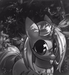Size: 1475x1600 | Tagged: safe, artist:mirroredsea, character:clear sky, species:pony, species:unicorn, biting, dappled sunlight, female, forest, hair bite, mare, monochrome, smiling, solo