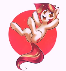 Size: 1201x1289 | Tagged: safe, artist:mirroredsea, oc, oc only, oc:poniko, species:earth pony, species:pony, :3, abstract background, blush sticker, blushing, featureless crotch, female, looking at you, mare, smiling, solo, underhoof