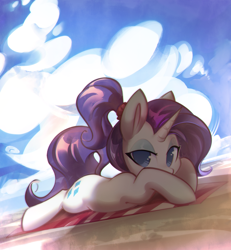 Size: 1602x1737 | Tagged: safe, artist:mirroredsea, character:rarity, species:pony, species:unicorn, alternate hairstyle, beach, beach towel, cute, female, lidded eyes, looking at you, lying down, mare, ponytail, prone, raribetes, solo