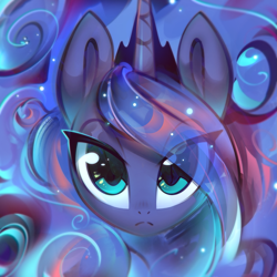 Size: 2001x2001 | Tagged: safe, artist:mirroredsea, character:princess luna, species:alicorn, species:pony, bust, cute, ethereal mane, eye clipping through hair, female, floating head, frown, looking at you, lunabetes, mare, portrait, solo