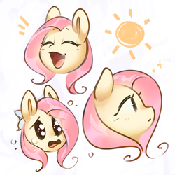 Size: 1402x1402 | Tagged: safe, artist:mirroredsea, character:fluttershy, species:pegasus, species:pony, cute, eyes closed, female, flower, flower in hair, head only, mare, open mouth, profile, shyabetes, simple background, solo, sun, white background