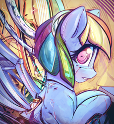 Size: 2576x2800 | Tagged: safe, artist:mirroredsea, character:rainbow dash, species:pegasus, species:pony, cyborg, female, looking at you, mare, rainbot dash, robot, robot pony, solo, spread wings, wings