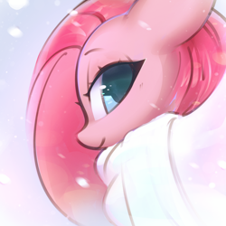 Size: 2020x2020 | Tagged: safe, artist:mirroredsea, character:pinkamena diane pie, character:pinkie pie, species:earth pony, species:pony, bedroom eyes, clothing, cute, cuteamena, female, floppy ears, high res, lidded eyes, looking at you, mare, profile, scarf, smiling, snow, snowfall, snowflake, solo, winter