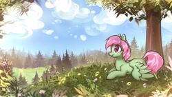 Size: 3108x1748 | Tagged: safe, artist:mirroredsea, oc, oc only, oc:spectral wind, species:pegasus, species:pony, commission, dock, female, forest, lying down, mare, prone, scenery, smiling, solo, spread wings, tree, wings