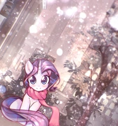 Size: 1177x1255 | Tagged: safe, artist:mirroredsea, character:rarity, species:pony, species:unicorn, blushing, building, city, cityscape, clothing, cute, dutch angle, female, head tilt, horn, looking at you, mare, outdoors, raribetes, scarf, sitting, skyline, smiling, snow, snowfall, solo, tree, winter outfit