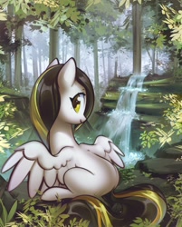 Size: 1598x1992 | Tagged: safe, artist:mirroredsea, oc, oc only, unnamed oc, species:pegasus, species:pony, blank flank, commission, female, forest, looking at you, looking back, looking back at you, mare, scenery, sitting, smiling, solo, spread wings, water, waterfall, white coat, wings