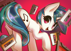 Size: 1301x944 | Tagged: safe, artist:mirroredsea, character:dj pon-3, character:vinyl scratch, species:pony, species:unicorn, cassette, cassette tape, cute, female, looking at you, mare, open mouth, red background, simple background, solo, vinylbetes