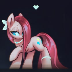 Size: 1200x1200 | Tagged: safe, alternate version, artist:mirroredsea, character:pinkamena diane pie, character:pinkie pie, species:earth pony, species:pony, black background, bow, bracelet, cute, cuteamena, diapinkes, female, hair bow, heart, jewelry, mare, necklace, sad, sadorable, simple background, solo