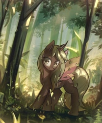 Size: 3174x3820 | Tagged: safe, artist:mirroredsea, oc, oc only, species:changeling, changeling oc, commission, female, forest, high res, looking at you, scenery, smiling, solo, spread wings, wings