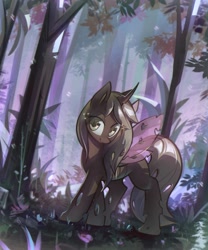 Size: 3174x3820 | Tagged: safe, alternate version, artist:mirroredsea, oc, oc only, species:changeling, changeling oc, commission, female, forest, high res, looking at you, scenery, smiling, solo, spread wings, wings