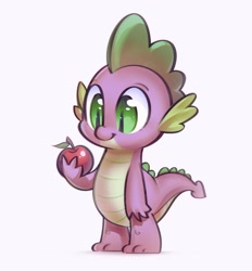 Size: 1424x1532 | Tagged: safe, artist:mirroredsea, character:spike, species:dragon, apple, cute, food, male, simple background, smiling, solo, spikabetes, white background