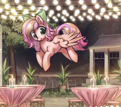 Size: 2897x2547 | Tagged: safe, artist:mirroredsea, oc, oc only, oc:iridescent flings, species:pegasus, species:pony, bow, candle, commission, female, flying, mare, night, smiling, solo, spread wings, stool, table, wings