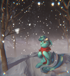 Size: 2000x2160 | Tagged: safe, artist:gelei, artist:mirroredsea, character:lyra heartstrings, species:pony, species:unicorn, 3d, 3d model, blender, clothing, female, forest, mare, night, render, scarf, sitting, snow, snowfall, snowflake, solo, tree, winter