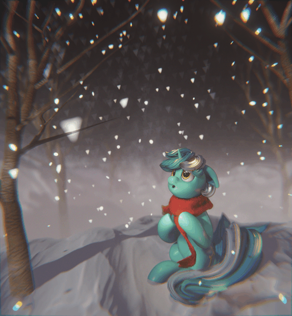 Size: 600x648 | Tagged: safe, artist:gelei, artist:mirroredsea, character:lyra heartstrings, species:pony, species:unicorn, 3d, animated, clothing, female, forest, gif, mare, night, scarf, sitting, snow, snowfall, solo, tree, turnable, turntable, winter