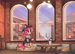 Size: 3024x2172 | Tagged: safe, artist:mirroredsea, oc, oc only, species:earth pony, species:pony, bridge, city, clothing, commission, female, flower, flower in hair, hat, high res, indoors, manehattan, mare, shirt, sitting, solo, table