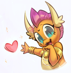 Size: 1302x1333 | Tagged: safe, artist:mirroredsea, character:smolder, species:dragon, armband, bracelet, coral, cute, digital art, dragoness, female, heart, jewelry, looking at you, necklace, open mouth, simple background, slit eyes, slit pupils, smiling, smolderbetes, solo, tribal markings, weapons-grade cute, white background