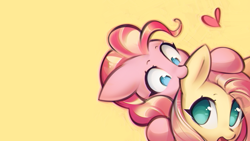 Size: 1152x648 | Tagged: safe, artist:mirroredsea, edit, character:fluttershy, character:pinkie pie, species:earth pony, species:pegasus, species:pony, ship:flutterpie, biting, cute, diapinkes, ear bite, female, floating heart, heart, lesbian, looking up, mare, nom, open mouth, shipping, shyabetes, simple background, smiling, surprised, wallpaper, wallpaper edit, wide eyes, yellow background