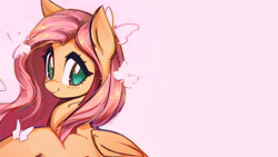 Size: 3591x2019 | Tagged: safe, artist:mirroredsea, edit, character:fluttershy, species:pegasus, species:pony, butterfly, cute, female, high res, looking at you, mare, pink background, shyabetes, simple background, smiling, solo, wallpaper, wallpaper edit, wings