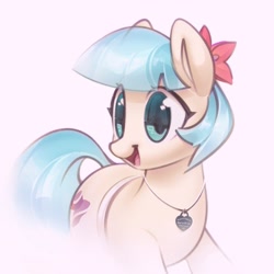 Size: 2621x2621 | Tagged: safe, artist:mirroredsea, character:coco pommel, species:earth pony, species:pony, cocobetes, colored pupils, cute, female, heart necklace, high res, jewelry, locket, mare, necklace, open mouth, simple background, smiling, solo, white background